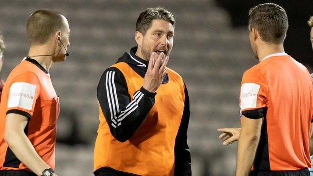 Derry boss Ruaidhri Higgins questions the length of added time with referee Rob Harvey