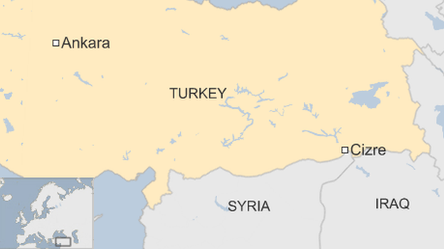 A map showing Cizre, in Turkey