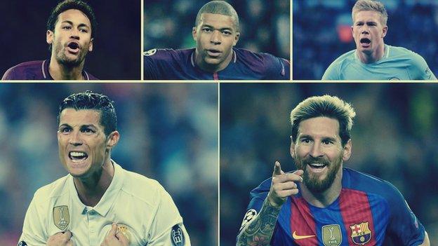 (Clockwise from top left) Neymar, Kylian Mbappe, Kevin de Bruyne, Cristiano Ronaldo and Lionel Messi