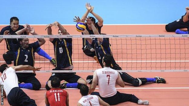 Iran and Bosnia-Herzegovina compete during the men's sitting volleyball gold-medal match at Rio 2016