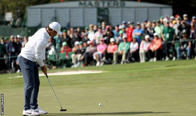 Rory McIlroy plays a shot during the 2018 Masters