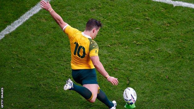 Bernard Foley kicks the winning penalty in the World Cup quarter-final