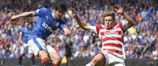 Joey Barton has a shot blocked by Hamilton's Greg Docherty