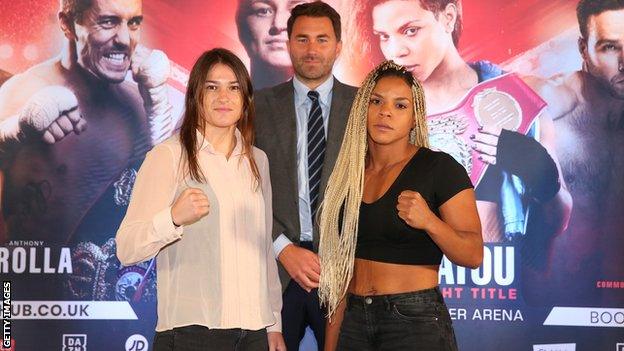 Katie Taylor and Christina Linardatou at a news conference promoting their fight