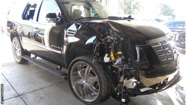 Tiger Woods' smashed car after the 2009 crash outside his home