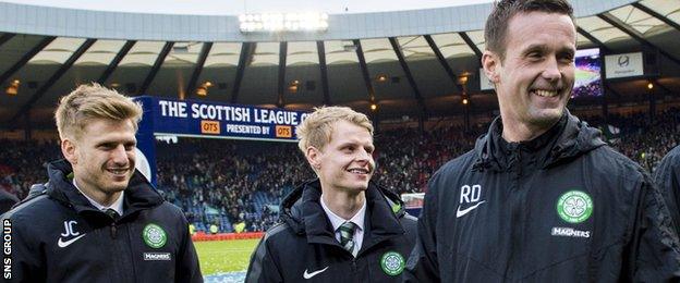 Mackay-Steven (centre) felt "awkward" during Celtic League Cup celebrations last season