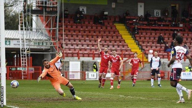 Oladapo Afolayan scores for Bolton Wanderers against Crawley Town