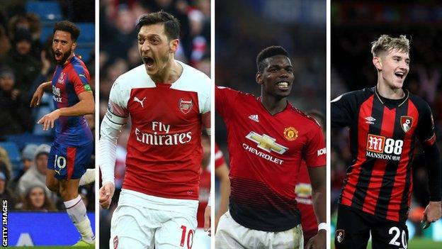 Andros Townsend (Crystal Palace), Mesut Ozil (Arsenal), Paul Pogba (Man Utd), David Brooks (Bournemouth)