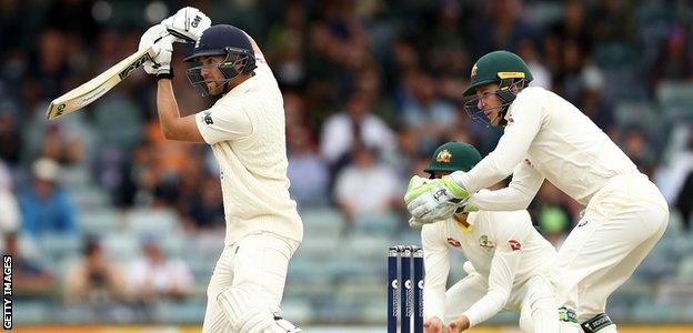 Dawid Malan hit Pat Cummins for four boundaries in an over late on day four