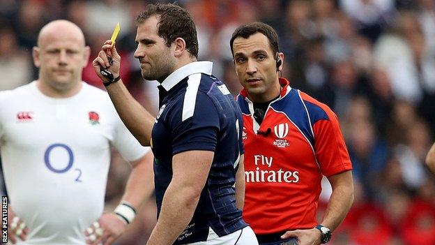 Scotland's Fraser Brown sent to the sin bin by referee Mathieu Raynal