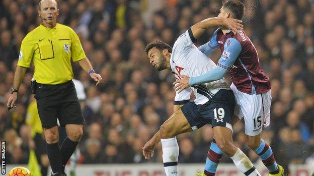 Aston Villa's Ashley Westwood is caught in the face by Tottenham's Mousa Dembele