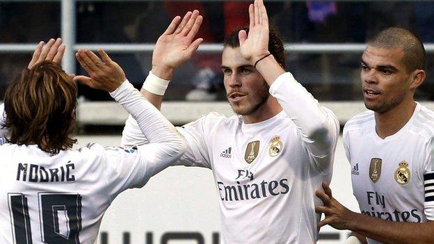 Gareth Bale celebrates scoring for Real Madrid at Eibar