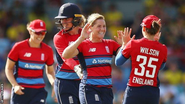 Katherine Brunt (second right) is congratulated