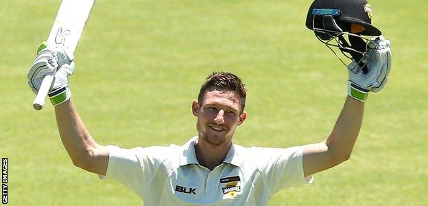 Cameron Bancroft celebrates his double century for Western Australia against South Africa this week