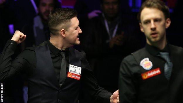 Kyren Wilson (left) celebrates victory over Judd Trump in last season's Masters semi-finals