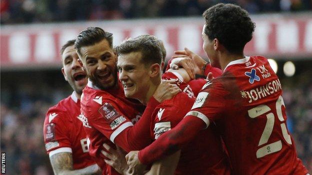 Nottingham Forest's Joe Worrall celebrates scoring their third goal