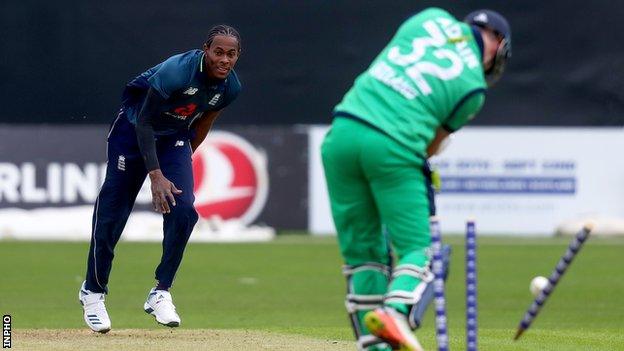 Jofra Archer bowls Ireland batsman Mark Adair in England's one-day win at Malahide last year