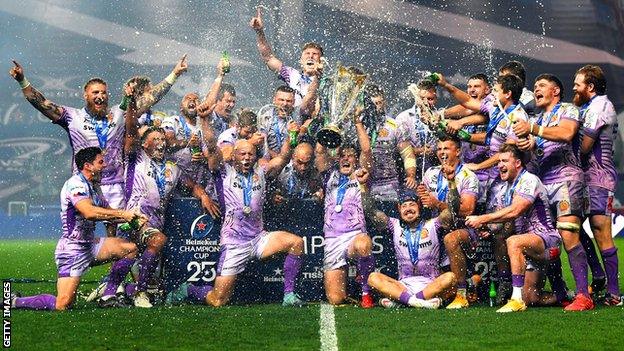 Exeter celebrate their Champions Cup win