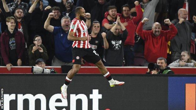 Bryan Mbeumo celebrates scoring for Brentford