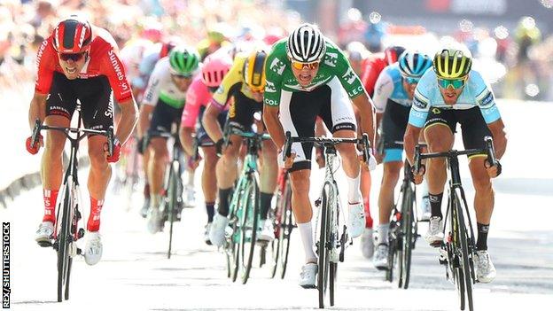 Mathieu van der Poel crossing the line on the final stage of the Tour of Britain