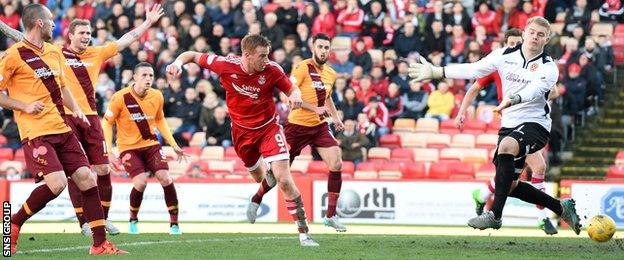 Adam Rooney heads Aberdeen in front late in the first half