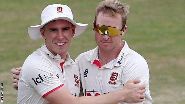 England's Dan Lawrence (left) helped Simon Harmer celebrate his second successive 13-wicket match haul