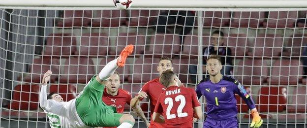 Kyle Lafferty attempts an overhead kick on a frustrating night for the Northern Ireland forward