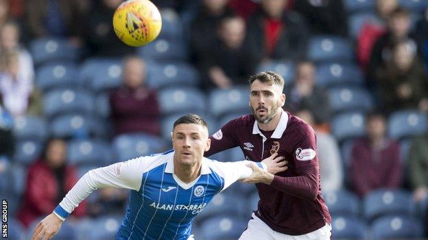 St Johnstone's Michael O'Halloran holds off Hearts' Michael Smith