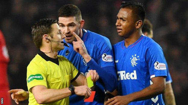 Referee Steven McLean sends off Rangers' Alfredo Morelos