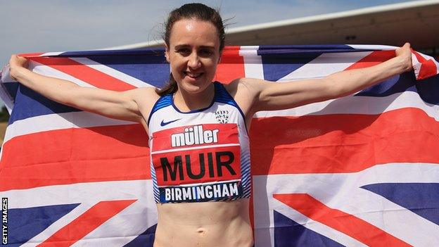 Laura Muir celebrates her win in the Women's 800m final at the British Championships in Birmingham