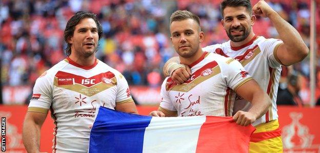 Catalan Dragons' Julian Bousquet (left), Josh Drinkwater (centre) and Mickael Simon