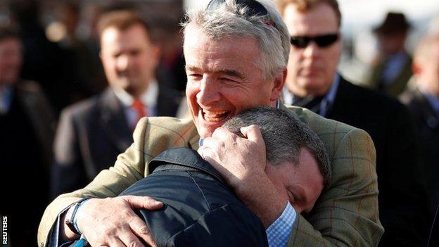 Owner Michael O'Leary embraces trainer Gordon Elliott