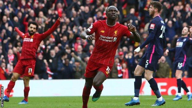 Liverpool's Sadio Mane celebrates scoring against Bournemouth