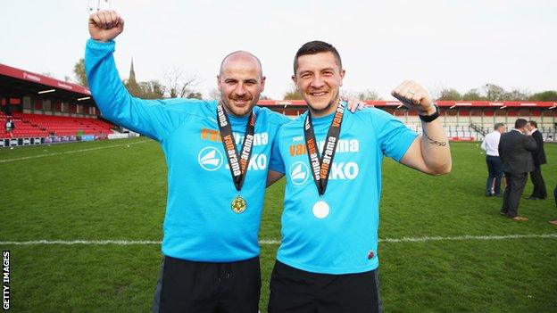 Salford City managers Anthony Johnson and Bernard Morley celebrate with their National League North winners' medals