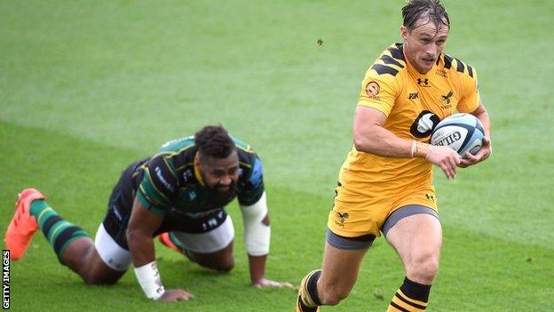 Wasps winger Josh Bassett scored the first and last tries of the game at Franklin's Gardens to take his Premiership tally to two in three matches - five months apart