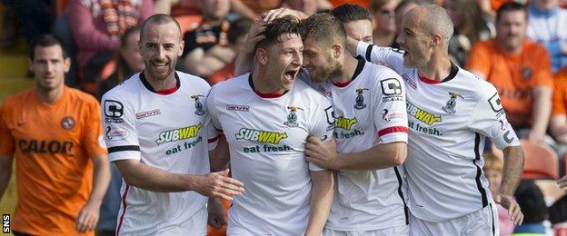 Josh Meekings (centre) is congratulated by his team mates after grabbing the equaliser for Inverness CT