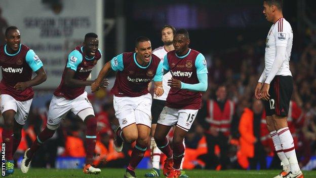 Winston Reid and his West Ham team-mates celebrate the winner