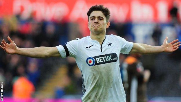 Daniel James celebrates scoring for Swansea in the FA Cup against Brentford