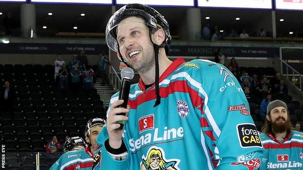 Derrick Walser talks to Giants fans after the final home game of the season earlier this month