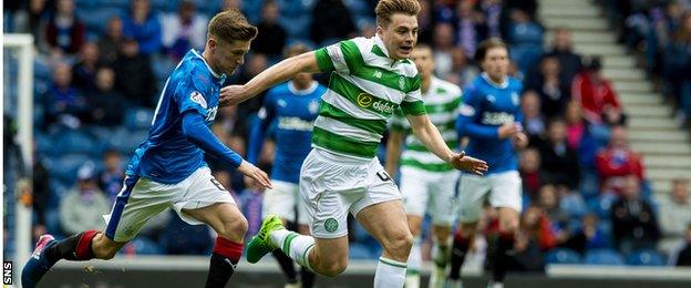 Rangers' Myles Beerman chases Celtic's James Forrest