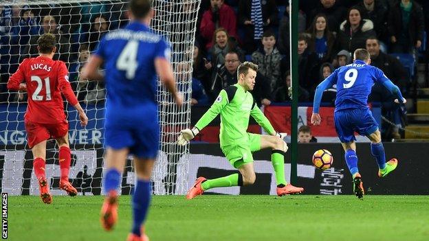 Jamie Vardy scores against Liverpool