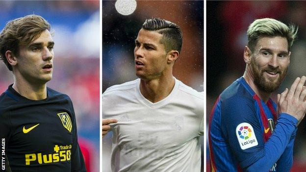 Antoine Griezmann, Cristiano Ronaldo and Lionel Messi