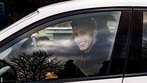 Midfielder Greg Docherty arrives at Rangers' training ground