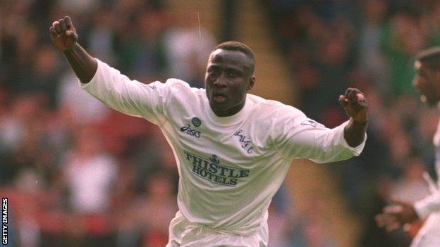 Ghana's Tony Yeboah celebrates his goal against Wimbledon for Leeds in 1995