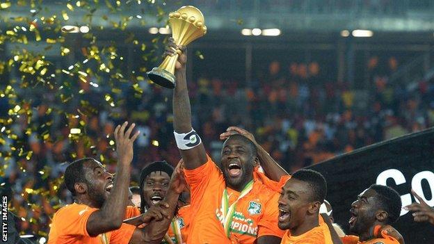 Ivory Coast's midfielder and the then captain celebrates with his teammates after winning the 2015 African Cup of Nations