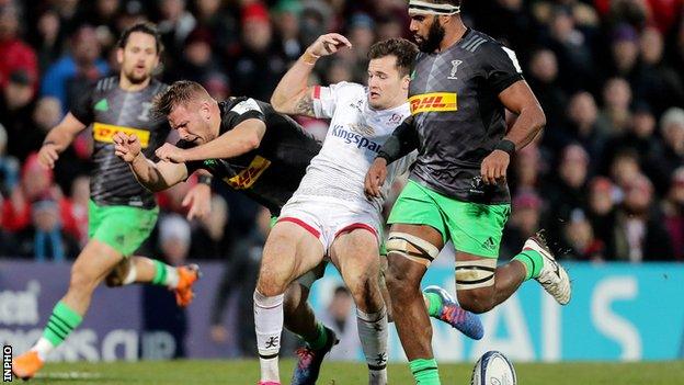 Harlequins duo Alex Dombrandt and Semi Kunatani battle with Ulster's Jacob Stockdale at Kingspan Stadium