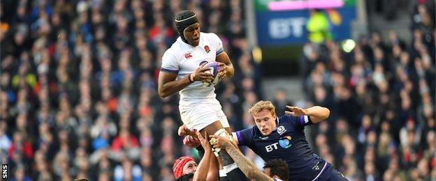 Maro Itoje takes a line-out for England against Scotland