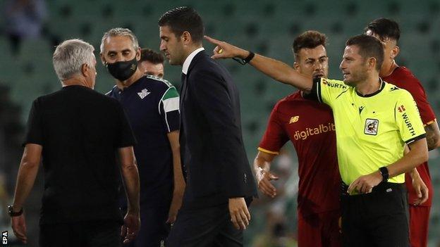 Jose Mourinho is sent off during Roma's friendly with Real Betis