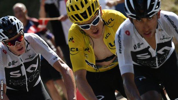 (l-r) Chris Froome, Geraint Thomas and Egan Bernal