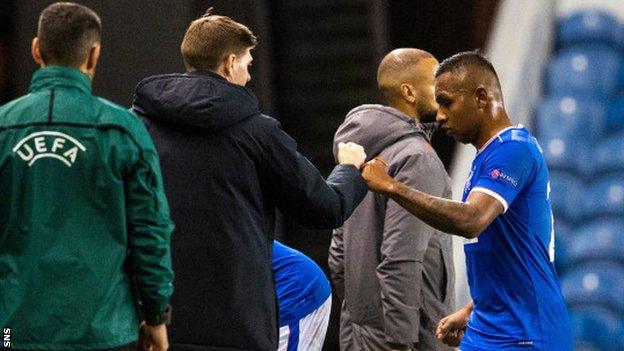 Rangers manager Steven Gerrard and Alfredo Morelos